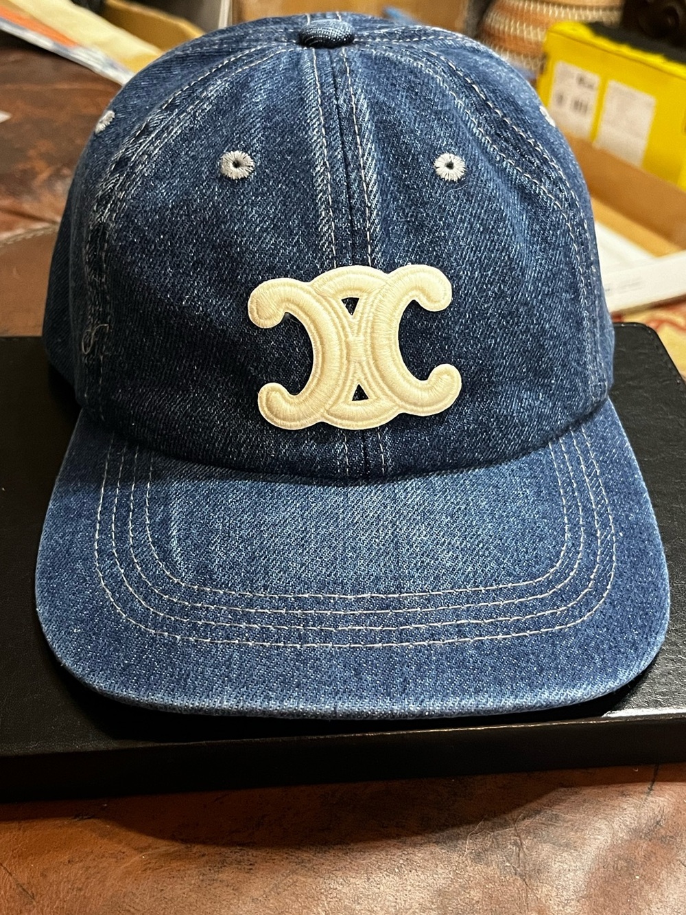 Celine. Denim Blue Jean Triomphe Logo Baseball Hat Cap